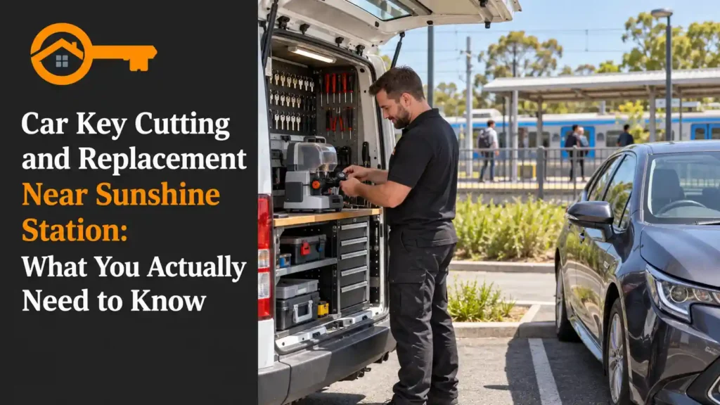 Mobile locksmith preparing a replacement car key at a van workbench in a car park near Sunshine Station