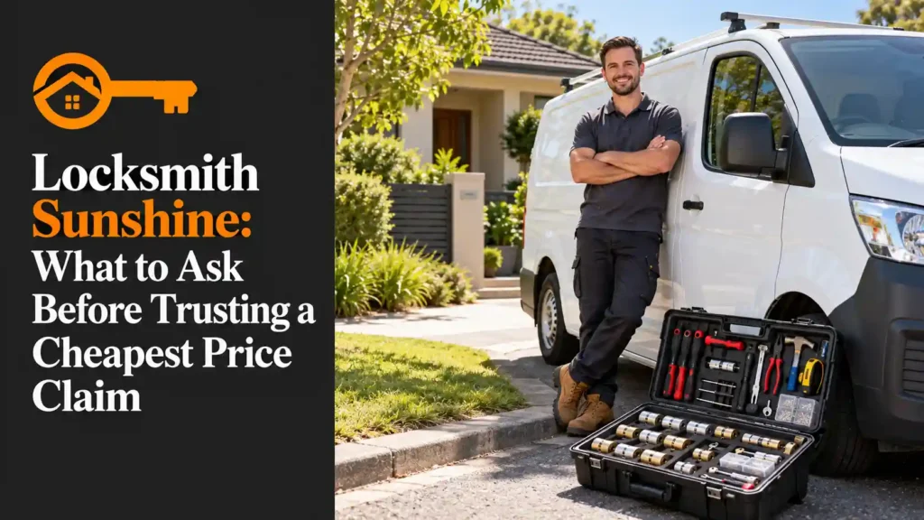 Locksmith beside an unbranded work van in Sunshine, with an open toolbox of lock cylinders and installation tools