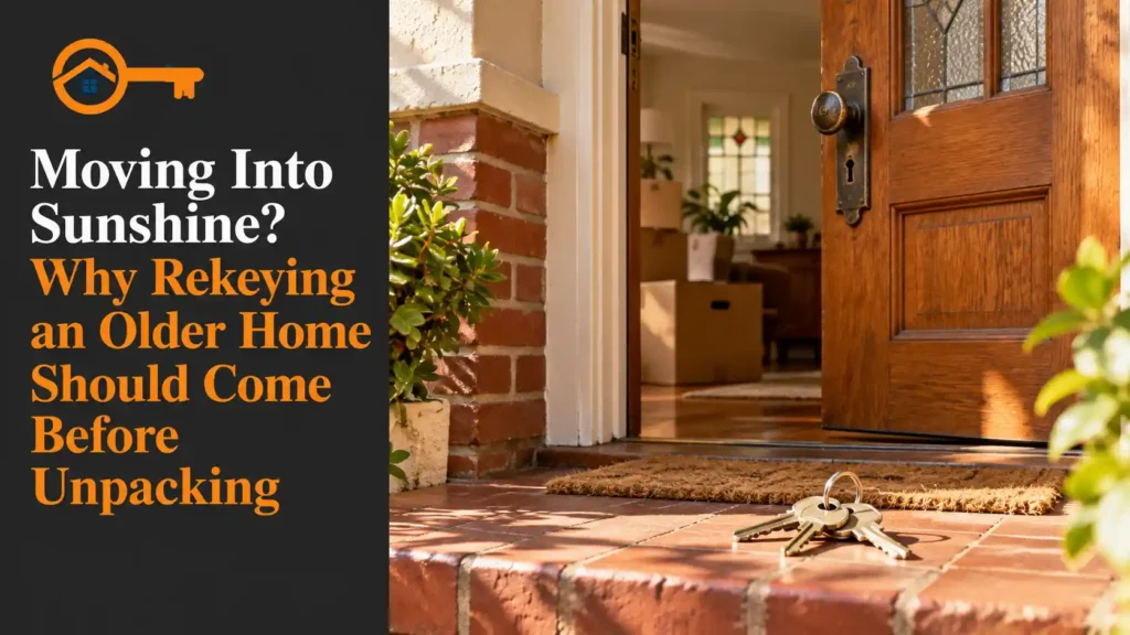 New house keys on the step of a Sunshine bungalow, with an open timber door and moving boxes inside