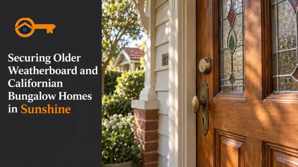 New deadlock above period brass hardware on a leadlight timber door at a Sunshine Californian bungalow